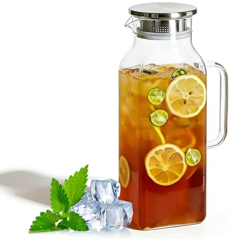 Bqkroa Caraffa in vetro da 2000 ml: brocca per acqua calda/fredda con coperchio, caraffa per acqua calda, acqua fredda, tè freddo, latte, caraffa quadrata in vetro con beccuccio a V per cucina e