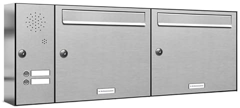 AL Briefkastensysteme 2er Briefkastenanlage mit Klingel, Edelstahl, Premium Doppel-Briefkasten DIN A4, 2 Fach Postkasten modern Aufputz