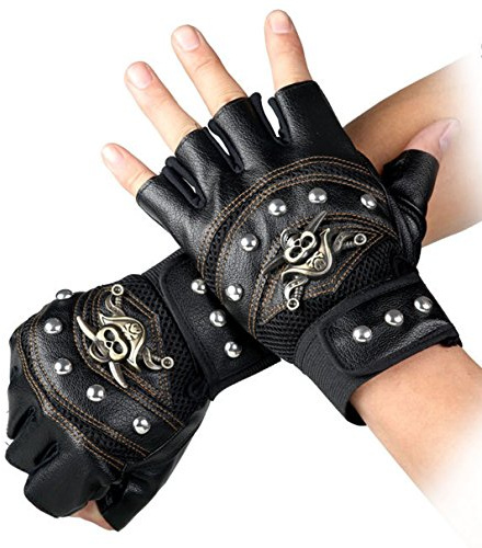 Steampunk gotiska handskar herr vintage äkta läder kapten fingerlösa vantar, Bsvart, en storlek