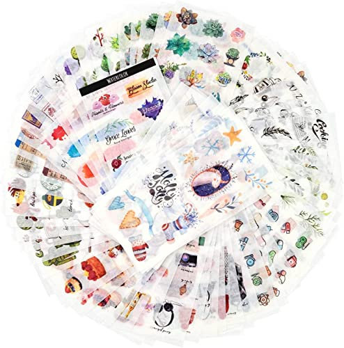 Mayplous 72 Sheets Washi Paper Stickers Decoration Sticker Planner Stickers for Album Journals Arts and Crafts Card Making 12 Themes Assorted Pre-Cut Transparent