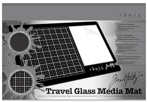Tim Holtz Travel Glass Cutting Mat - Portable Work Surface with 8x8 Measuring Grid and Palette for Mixed Media - Art Supplies with Carry Case