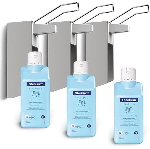 Horn Medical Desinfektionsspender/Seifenspender/Langarm-Wandspender aus Aluminium Starterset mit Sterillium Classic Pure Haut-sensitivem Händedesinfektionsmittel (3)