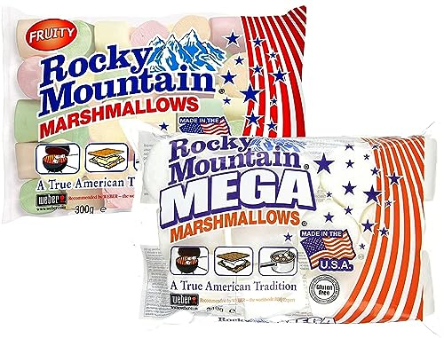 Rocky Mountain Marshmallows Probierset Fruity & Mega, bunte traditionell Amerikanische Süßigkeiten zum Rösten am Lagerfeuer, Grillen oder Backen, Fruchtgeschmack, (1x300g, 1x340g)