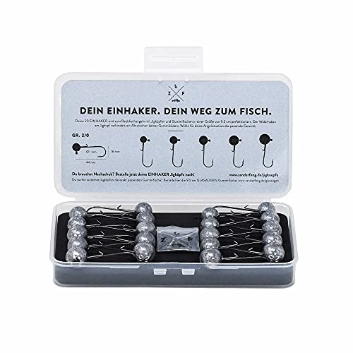 Zanderfang Jigköpfe 2/0 & 4/0 – 20 Jigköpfe für Gummiköder | 2 Hakengrößen • 20 Jigköpfe • 10 Snaps • für Gummifische von 8 - 13 cm