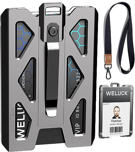 Weluck Ausweishalter, robuster Aluminium-Kartenhalter mit Umhängeband und Metallclip, für 4 Karten/Ausweise, für Büro, Arbeit, Polizei, Outdoor-Geschenk (Grau 01)