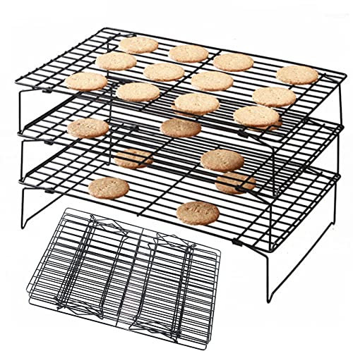 Dproptel Cooling Rack, 3 Tier Non Stick Cake Cooling Tray, Stainless Steel Baking Rack Cooler, Wire Cooling Rack, Stackable Cake Cooling Rack with Folding Legs for Baking Biscuits Bread Cake, Black