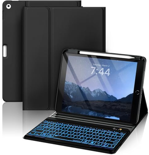 OYEEICE Funda de teclado para iPad de 9.7 pulgadas, iPad de 6ª generación (2018), iPad 5ª generación (2017), iPad Air 2 (2014) - Teclado inalámbrico retroiluminado de 7 colores con soporte para lápiz