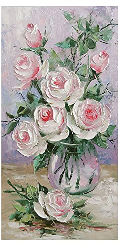 Handgemalte Acrylbilder, Pink Roses Flowers Green Leaves Bouquet Vase Abstract Modern Frameless Original Handgemalte Ölgemälde Auf Leinwand Für Familienwand Wohnzimmer Esszimmer Home Art Decor,6