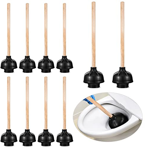 Tanlade 10 Pcs Toilet Plungers for Bathroom Heavy Duty 18 Inch Bulk Black Commercial Plungers with Double Thrust Force Rubber Suction Cup and Long Wooden Handle for Stores Restaurants