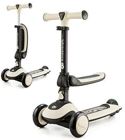 Kinderkraft Halley, Trottinette, Draisienne, Patinette, Scooter, Multifonctionnel, Moderne, Trois Roues, Réglable, LED Roues, Frein, 2 Ans jusqu'à 50 kg, Blanc