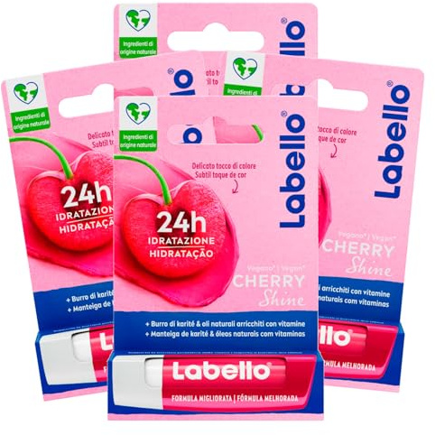 Labello Cherry Shine Lippenbalsam mit Kirschgeschmack, feuchtigkeitsspendend, 24 Stunden, mit natürlichen Inhaltsstoffen, 4 Stäbchen