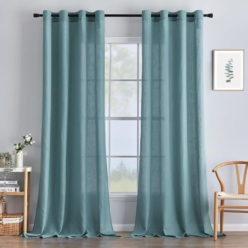 MIULEE Gardinen Vorhänge Schlafzimmer Vorhang Blau Gardine Wohnzimmer Leinenoptik Gardinen mit Ösen Fenster Halbtransparent Vorhang Modern Innen Balkontür Küche Vorhänge 140 x 245 cm