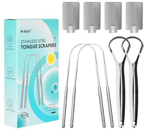 Y-Kelin 4 Pcs Stainless Steels Tongue Scrapers with Hooks, Metal Tongue Scrapers for Adults, for Oral Care, Fresh Breath and Clean Tongue（U-Shaped and Open Type）