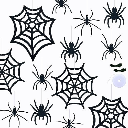 SaktopDeco 33 PCS Hanging Spider Decorations Spider Ornament Black Felt Spider Web Halloween Decorations for DIY House Decor