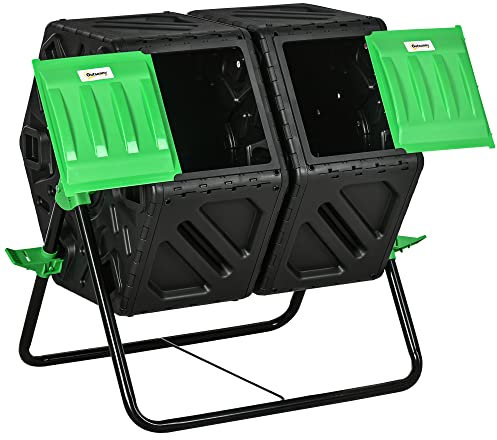 Outsunny Compostador Giratorio de 130L Contenedor de Compostaje de Jardín de Doble Cámara Compostadora con Aberturas de Ventilación y Patas de Acero 67x60x77 cm Negro