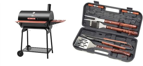 Royal Gourmet CC1830V 30 Barrel Charcoal Grill & Cuisinart CGS-W13 Wooden Handle Tool Set, Black, Deluxe Pizza Grilling Pack (13-Piece)