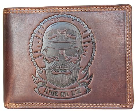 FLW Portefeuille en cuir véritable pour motard avec blocage RFID, marron, Taille unique, Décontracté
