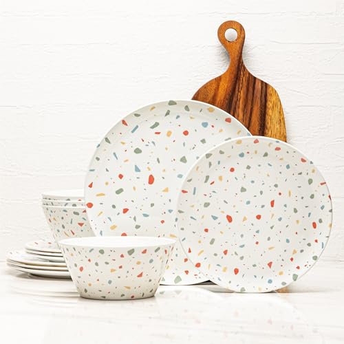 Bzyoo 12-teiliges Melamin-Geschirr-Set, weißes Konfetti, leicht, langlebig, BPA-frei, spülmaschinenfest, für den Innen- und Außenbereich, perfekt für Camping, Grillabende, Kinderpartys