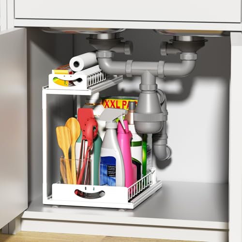SUMAITech Organizer Cucina Metallo, Organizer Sottolavello Cucina da 2 Livelli, Organizzatore Salvaspazio, adatto a Cucina Bagno e Soggiorno, Multiuso Porta Detersivi Sottolavello, Bianco