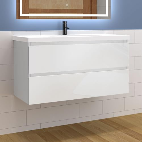 Aica Sanitär Waschtisch mit Unterschrank 100cm Alast Badmöbel Set Hochglanz Weiß Keramik Waschbecken mit Unterschrank MDF Softclose