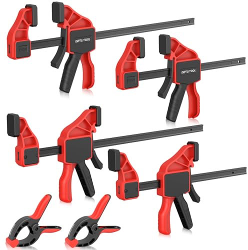 GETLITOOL Einhandzwingen un klemmzwingen Set 6tlg. 4x Profi Schraubzwingen 75kg Spannkraft, Spannweite 155/310 mm, Dehnbereich 130-435mm, 2x Federklemmen Maulweite 70mm für präzises Fixieren von Holz