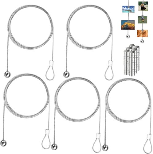 Fotodrahtseil, 5 Stück Fotodraht Mit Magneten, Fotoseil Fotodrahtseil, Edelstahl Draht Seil mit 60 Knopfmagnete, Fotokette Stahlseil mit Ösen und Haken Ideal zum Fotos 2 m X 1.5 mm