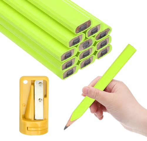QUARKZMAN 12 Stück Zimmermannsbleistifte mit Bleistiftspitzer Bleistift Baustelle Handwerker Bleistift Zimmermann-Baustift Tischler Bleistifte Set für Handwerker Schreiner，Gelb