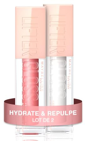 Maybelline New York - 2 Stück Lipgloss, feuchtigkeitsspendend und sofortiger Glanz – angereichert mit Hyaluronsäure – Lifter Gloss – Farben: 001 Pearl + 003 Moon