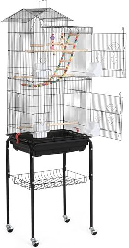 Soberine Gabbia Voliera per Uccelli Pappagalli Calopsite 46 x 35,5 x 158,5 cm con Piedistallo Ruote in Metallo e Legno da Interno e Esterno Nera