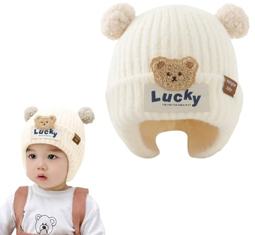 DWE Baby Winter Hat, Lucky Bear Infant Toddler Warm Beanie Hat with Earflap, Cold Weather Baby Boys Girls Hats with Pom Pom
