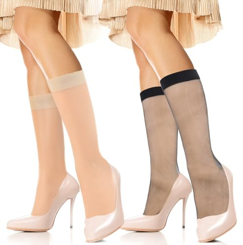 Qianyu 6 Pairs Knee High Stockings for Women 20D Nylon Trouser Socks Elastic Anti-slip Socks Sweat Wicking Sock for Carnival Halloween Easter Christmas One Size