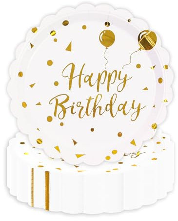 EVYIENEN 50PCS Happy Birthday Paper Plates,7 Inch Disposable White and Gold Birthday Cake Plates Scalloped Dessert for Decorations Party Supplies