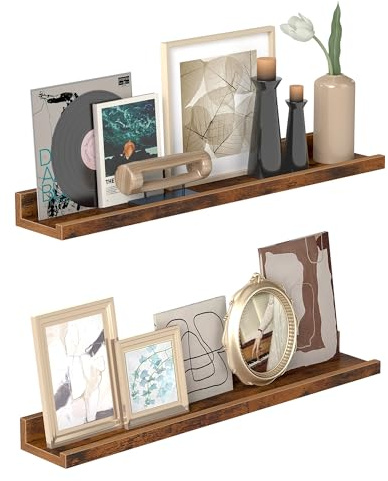 VASAGLE Custos Colección - Estantes Colgantes de Pared, Juego de 2, Estantes Flotantes, para Marcos de Fotos, Decoración, Especias, para Cocina, Sala de Estar, Marrón Rústico LWS064K01