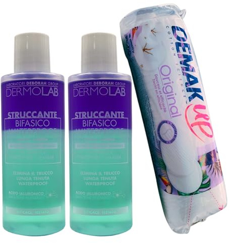 SET: 2x Struccante BIFASICO WATERPROOF Per Occhi e Labbra, Anche Per Occhi Sensibili. Elimin Il Trucco a Lunga Tenuta 150ml + Dischetti Di Cotone Struccanti ORIGINAL, Confezione Da 60 Dischetti