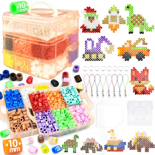 Cuentas Para Planchar, 10MM 1000 Piezas XL Abalorios Fusibles de 12 Colores Set con Caja de Almacenamiento, Guía del Usuario, Diseño DIY de Joyas.Kit Manualidades Niños, Regalo Navidad y Cumpleaños