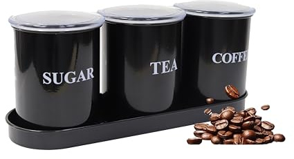 ZoeQide Vorratsdosen Küche Set 3-teilig – Kaffeedose luftdicht, Zuckerdose & Teedose mit Deckel – Vorratsbehälter Set Metall Schwarz mit Tablett, Retro Design für Arbeitsplatte Küche Regal