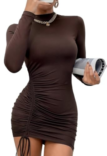 Sukiglam Women's Mini Dress Sexy Long Sleeve High Neck Bodycon Dresses Side Drawstring Short Dress Elegant Tight Ruched Dresses for Party Cocktail Going Out Clubwear Dark Brown