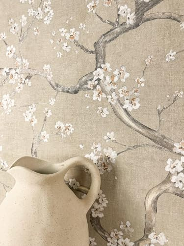 Newroom Papier Peint Intissé Beige Fleurs de Cerisier - Romantique Floral Fleurs Optique 3D pour Chambre Salon