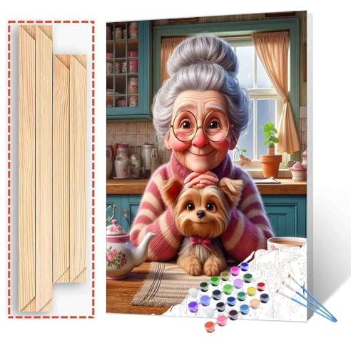 Walarky Sweet Grandma with Puppy Paint by Number for Adults Beginner Afternoon Tea Time Painting Kit on Canvas Pictures for Home Cozy Kitchen Wall Decoration Drawings Gifts 16x20 Inch (DIY Frame)