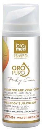 Crema Solare Viso Corpo con Oro Puro, Ialuronico e Vitamina E - SPF50+. Protezione solare molto alta. Protezione solare.