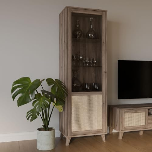 Forte GLENKEEN Vitrine 100, Vitrine im Boho-Stil mit Rattangeflecht, 1-türig, Holzwerkstoff, Valencia Eiche Holzdekor | Naturrattan, 64,8 cm breit x 199,2 cm hoch x 42 cm tief