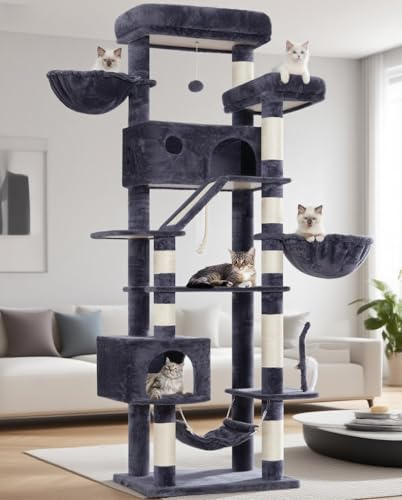 Gitelsnour Katträd stort, klösträd, stora katter, stabilt för inomhusbruk, 200 cm klösträd för katter med rymliga plattformar, kattgrottor, hängmatta, sisalpelare, rökgrå GCT031G