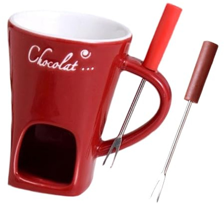 Ronyme Chocolate Fondue Taza de Cerámica con Accesorios para Derretir Chocolate Caramelos Incluye Calentador Y Tenedor Adecuado para, Rojo, Individual