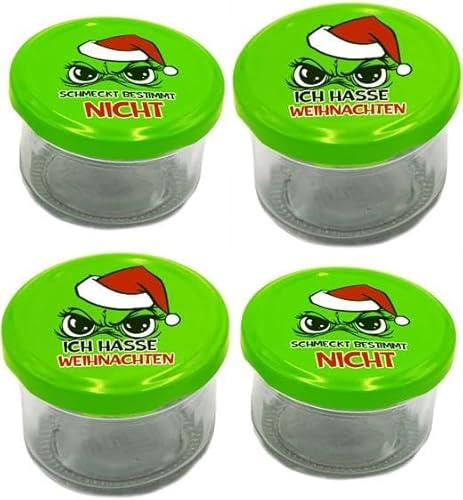 M.Kritzinger's Einmachgläser | Festtags-Muffel | 4er-Set | 100 ml Glas mit Schraubdeckel & lustigem Weihnachtsmuffel-Design | Kleine Vorratsgläser für Geschenke, Wichteln & Küche