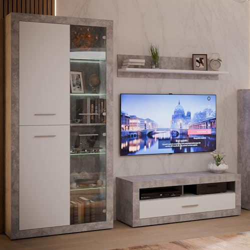 Forte Finley Wohnwand 330, Moderne Wohnwand mit TV Schrank, Vitrine, Wandpaneel und Kommode, Holzwerkstoff, Weiß mit Betonoptik Akzenten, 328,4 cm breit x 193,7 cm hoch x 41 cm tief
