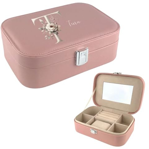 AWASG Schmuckkästchen personalisiert klein, Schmuckbox Reise Damen Mädchen, Schmuckschatulle Schmuckaufbewahrung mit floralem Buchstabe Name M (20 x 13,5 x 6,5 cm) rosa