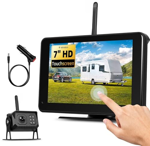 SIXWIN Kit Telecamere Retromarcia Wireless con Touchscreen Monitor 7 Pollici,1 HD Telecamere con Visione Notturna, Impermeabile IP68, Registrazione a Loop, BSD per Camion, Camper,Auto, Bus, 12V-24V