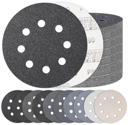 100PCS 125 mm Hook and Loop Sanding Discs, 8 Hole Wet and Dry Orbital Sander Sandpaper 80-5000 Grit Assortment Silicon Carbide Sand Paper for Cars Wood Metal Glass