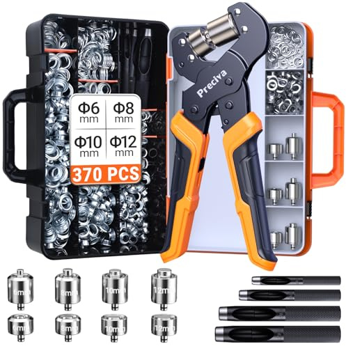 Preciva Eyelet Punch Kit with 370Pcs Eyelets, 4 Quick-Change Eyelet Dies & 4 Hole Punches, Ratchet Grommet Tool with Self-Locking Mechanism, Heavy-Duty Eyelet Pliers Kit for Banners Tarpaulins