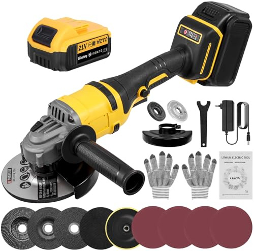 Teodute 1500W Amoladora Angular, 21V Herramienta Eléctrica Inalámbrica, Radial Batería para Cortar Pulir y Amolar Mango Corto (con 1 x 5.0Ah Baterías)